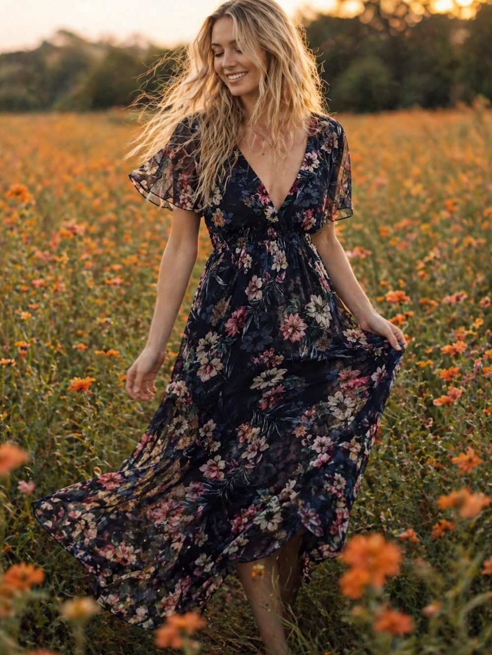 Elena Baldi Silk Blend Dress Made in Italy Floral V-Neck Romantic Boho Size S